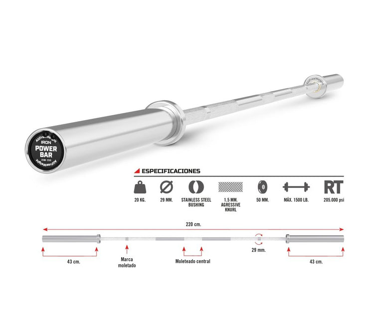 BARRA IRON POWER BAR POWERLIFTING 220 CM.